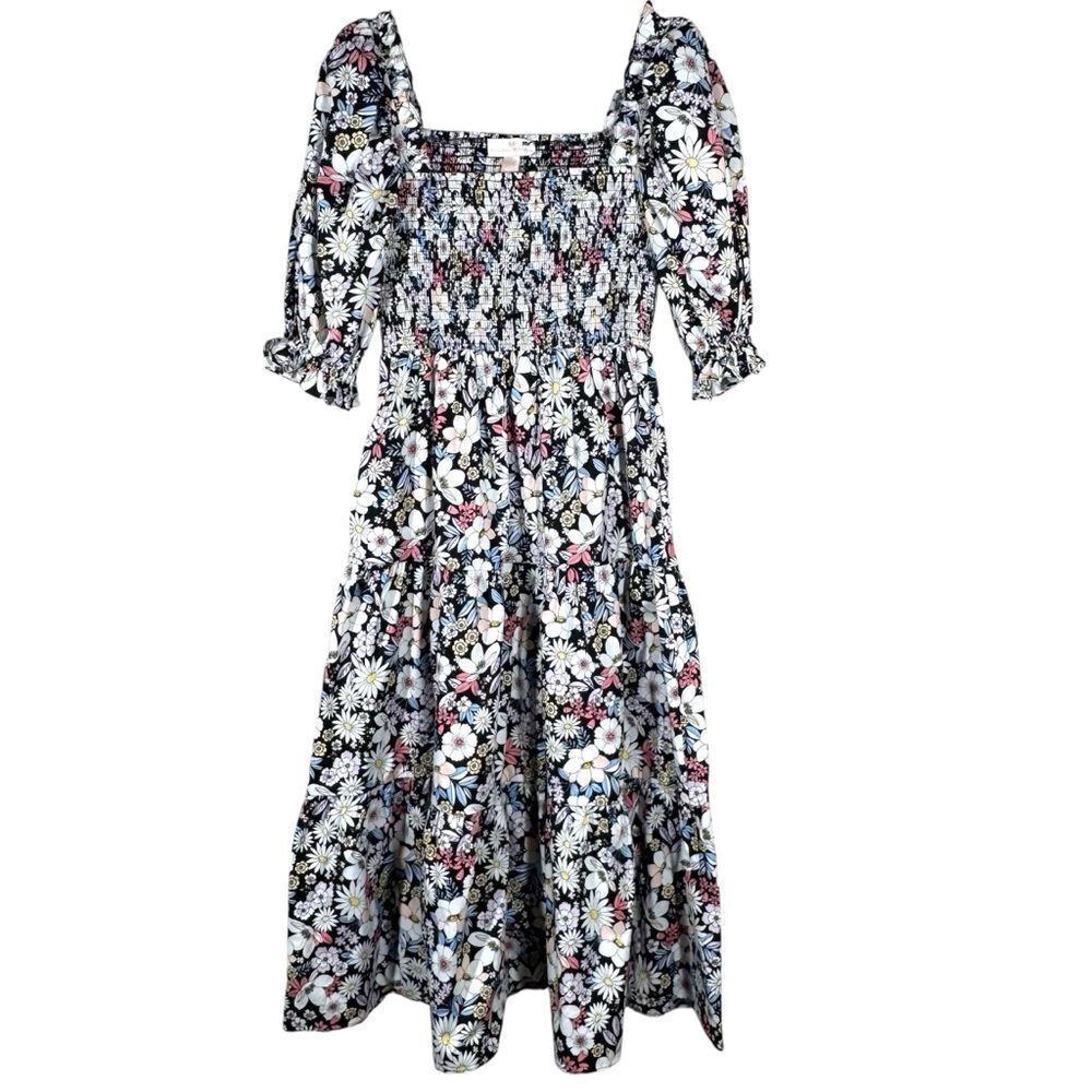 Rachel Parcell Tiered Retro Floral Smocked Midi Dress Puff Sleeve Small